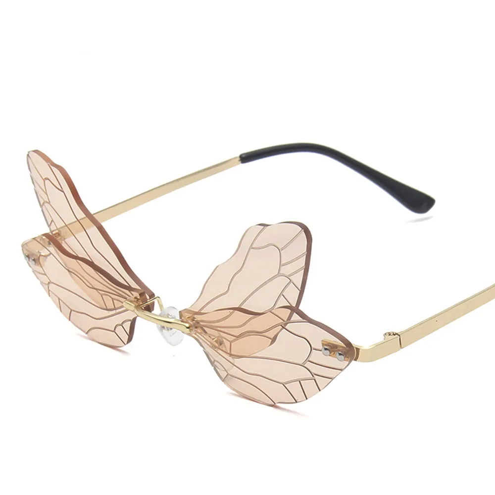 

Ebort Mode Randloze Dragonfly Wing Zonnebril Vrouwen Vintage Clear Oceaan Lens Eyewear Mannen Roze Geel Zonnebril Tinten UV400
