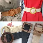 Ремень женский Плетеный, эластичный пояс с круглой Квадратной Деревянной пряжкой, в винтажном стиле, с соломенной пряжкой, летний