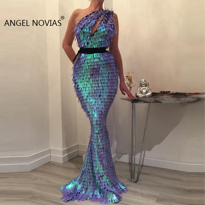 ANGEL NOVIAS длинная Русалка одно плечо кружевные вечерние платья элегантные Abendkleider robe de soiree