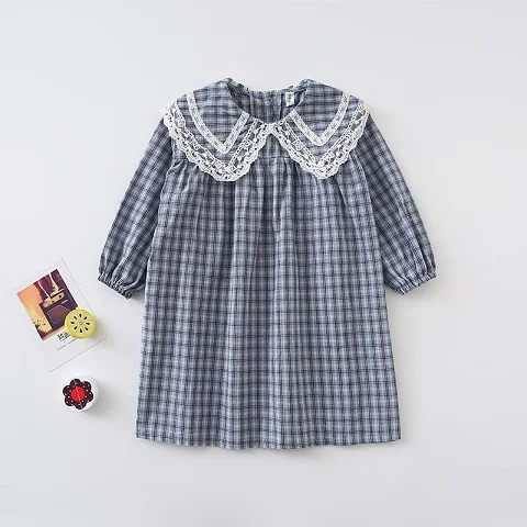 Blue Baby Girls Plaid Dress Korean Style Autumn New Chic Children Princess Dresses Lace Collar Robe Toddlers Kids Clothes - Color: Blue