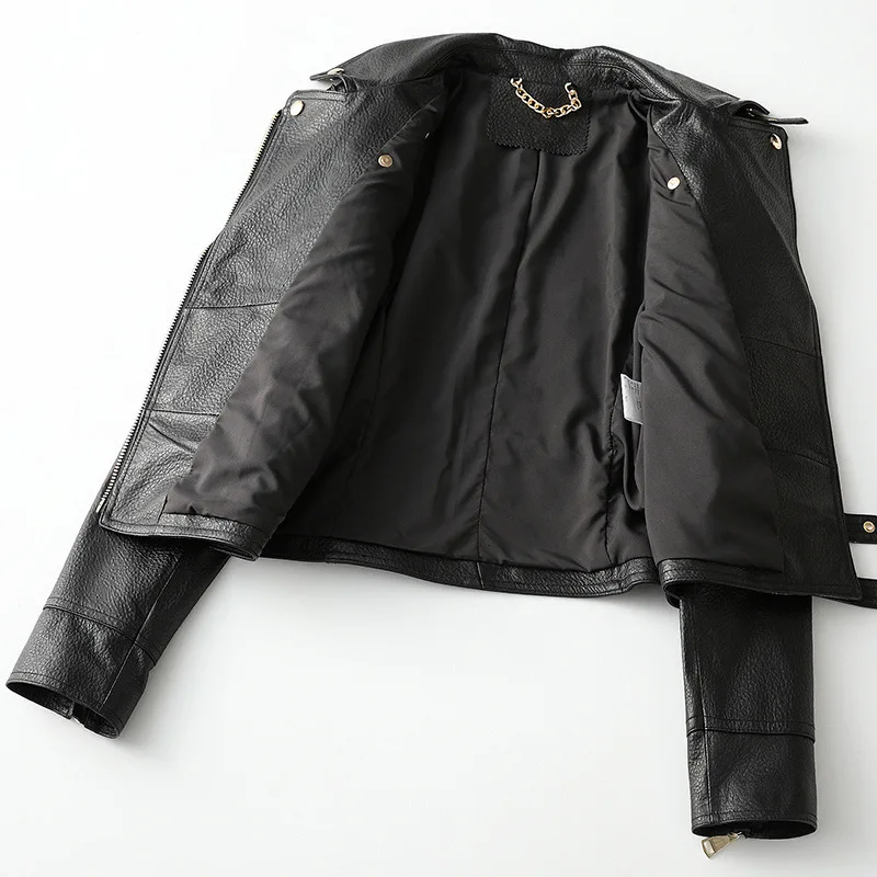Chaqueta de cuero de oveja corta para mujer, abrigo negro informal de alta calidad, estilo motero auténtica piel de oveja, prendas de vestir, primavera y otoño