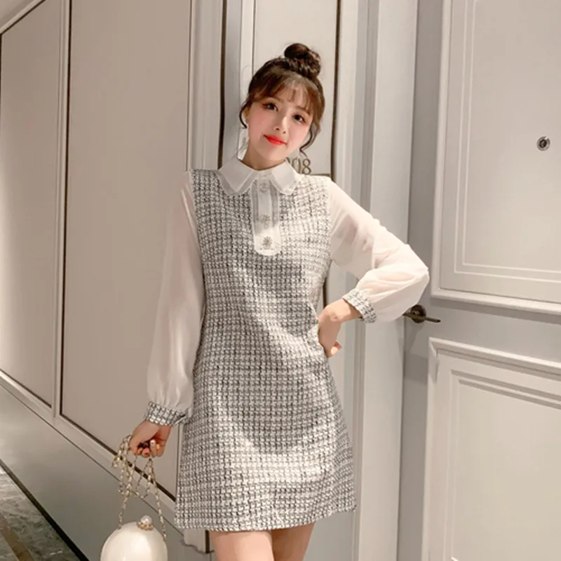 Модное дизайнерское маленькое твидовое платье в клетку с шифоновым рукавом и