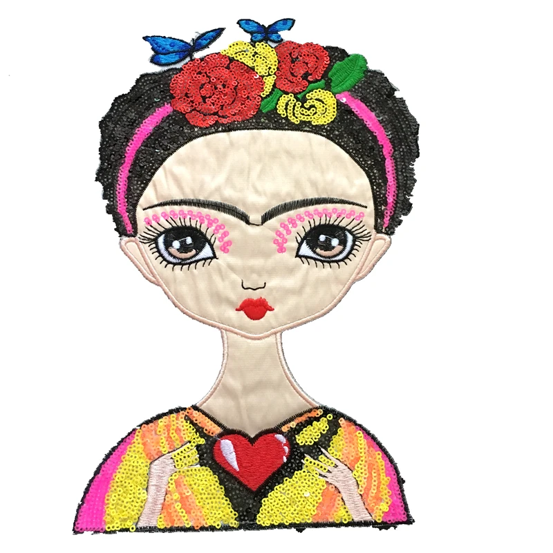 DZ New Arrival Frieda Artist Girl Sequined Iron on Patches for Clothes Floral Women Sequin Patches and Appliques DIY Decal
