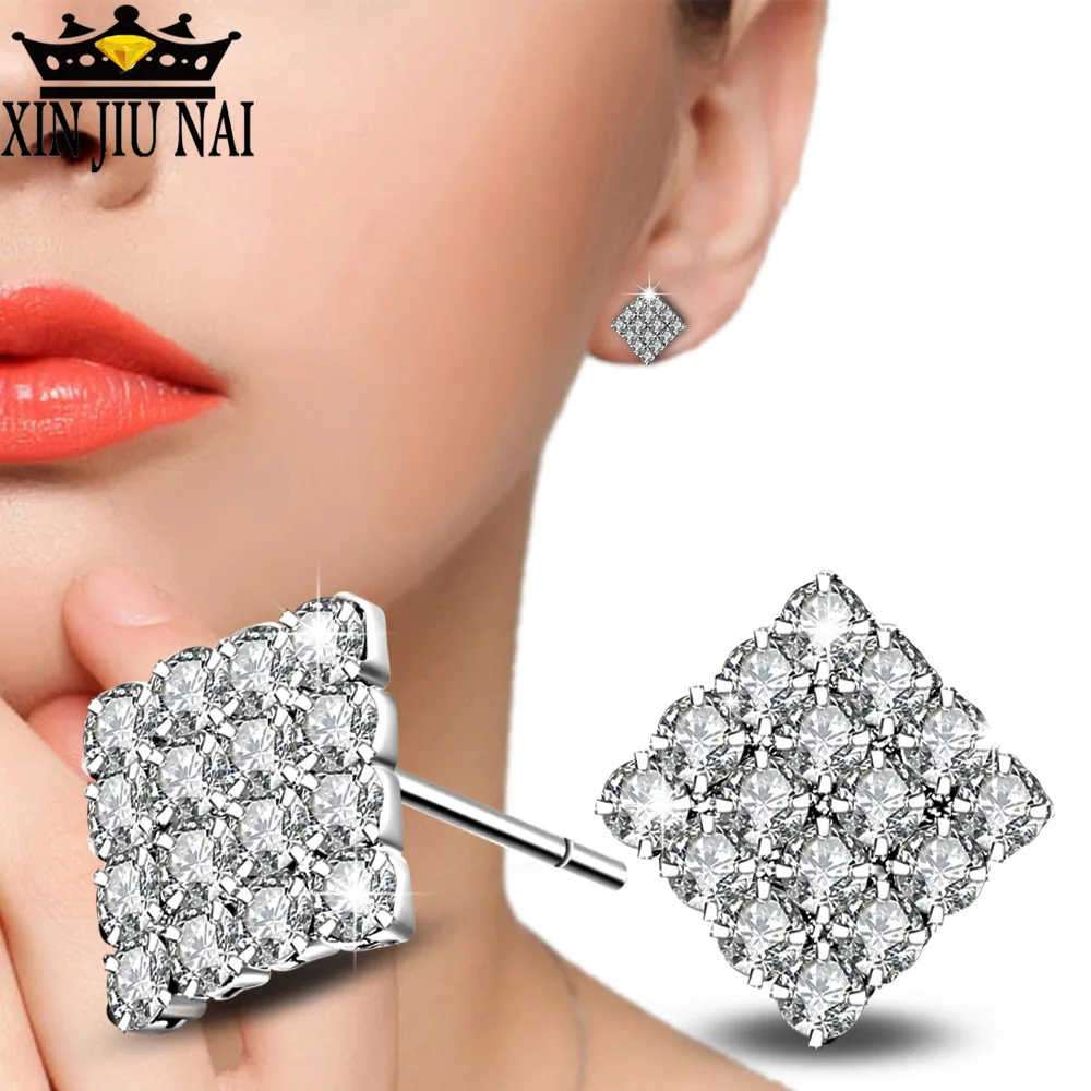 925 Anillos серебряные квадратные серьги гвоздики для женщин роскошный сверкающий