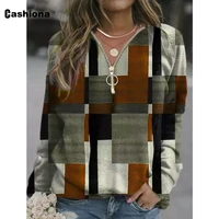 cashiona womeatshirt model plaid vintage sweatsens top fashion zipper swhirts 2021 autumn v neck shirt clothing plus size s 5xl