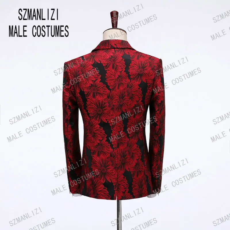 Мужской блейзер для жениха красный облегающий пиджак с цветочным принтом брюки