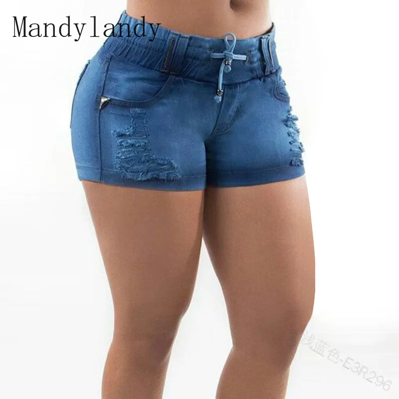 

Mandylandy Summer Sexy Ripped Pocket Elastic Waistband Lace-up Denim Straight Shorts Women's Stretch Slim Solid Denim Shorts