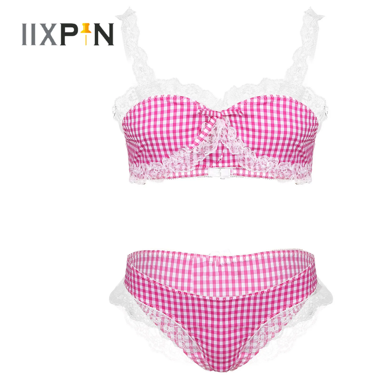 

Mens Lingerie Sissy Lingerie Suit Plaid Lace Trim Sleepwear Sissy Nightwear Adjustable Spaghetti Strap Bowknot Tops with Briefs