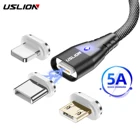 Магнитный кабель USLION 5A Micro USB для передачи данных на телефон, магнитное зарядное устройство типа C, быстрая зарядка для iPhone 12 Pro Max 13 Samsung Xiaomi