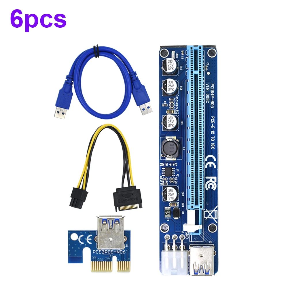 

6pcs/set VER008C Molex 6 pin PCI Express PCIE PCI-E Riser Card 008C 1X to 16X Extender USB3.0 Cable Mining Bitcoin Miner New