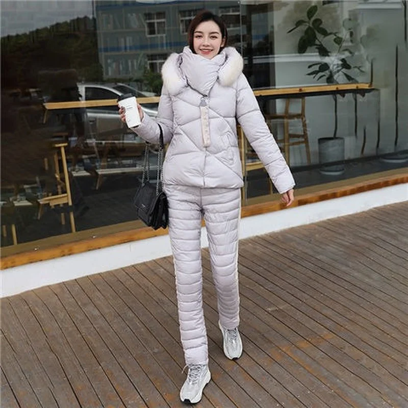 Two Piece Suits Womens Outfits Winter Hooded Parka Long Sleeve Jacket + High Waisted Cotton Pants Suit Women Tracksuits X24