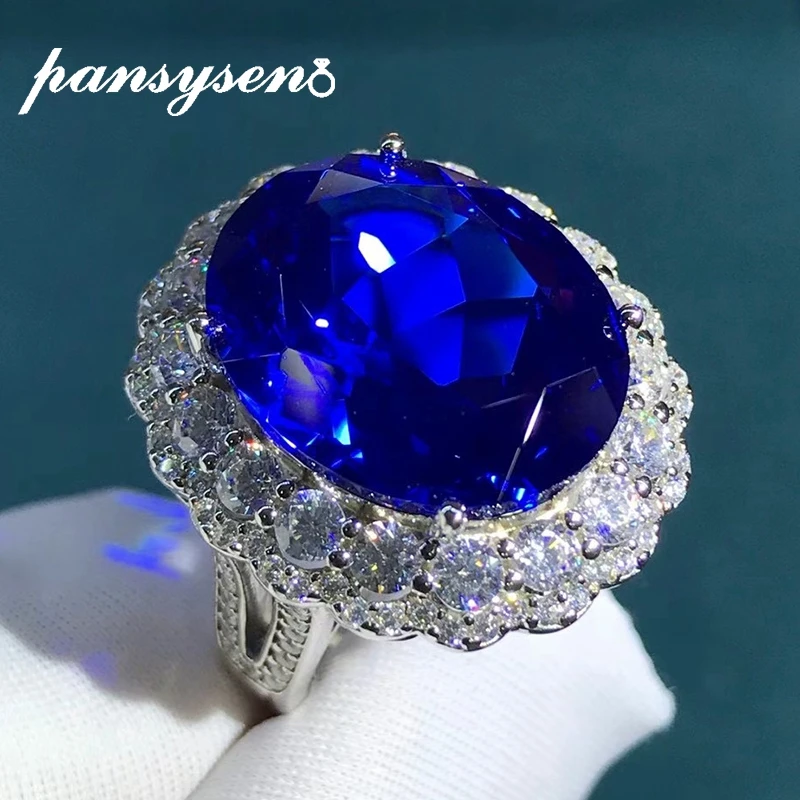 

PANSYSEN Luxury 925 Sterling Silver 20CT Oval Sapphire High Carbon Diamond Cocktail Party Ring 18K White Gold Color Fine Jewelry