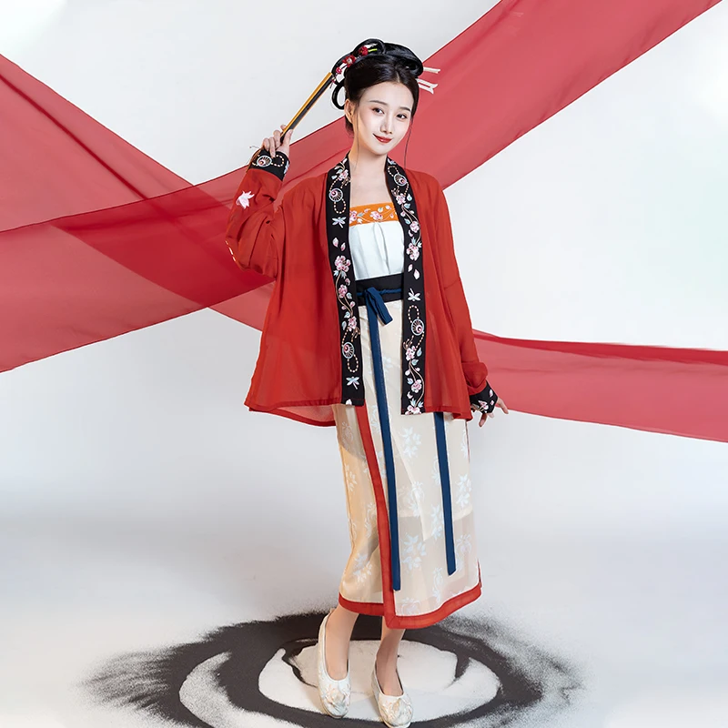 安い 宋が完全な仕事韓服の女性の夏の摩耗赤刺繍ショート歌beizi歌スパイラルスカート