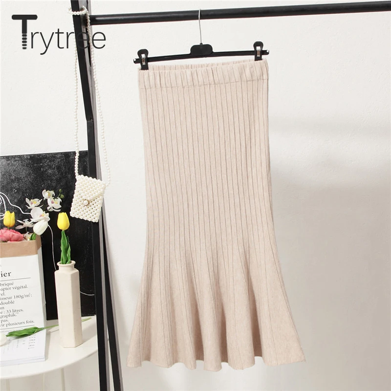 Trytree 2019 осень зима женская повседневная юбка эластичная талия трикотажная