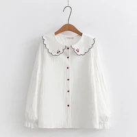 cute cherry vintage white blouse women casual tops 2022 lolita kawaii button up peter pan collar lace long sleeve school shirts