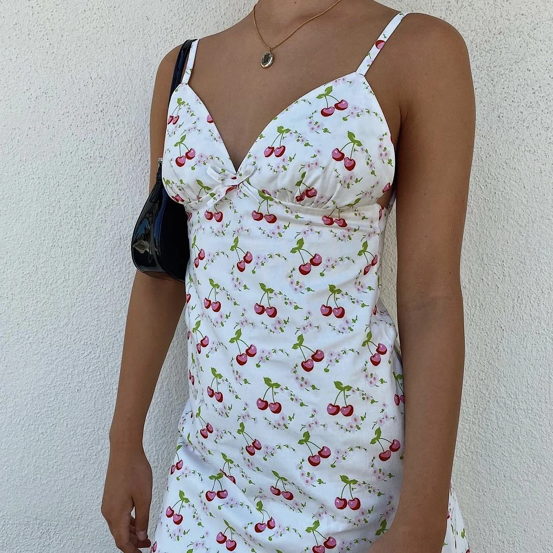 

Cherry Print Strap Dress for Women White Sleeveless Bandage Party Casual Dresses Y2k Korean Style Summer Girl Skirts Vestido