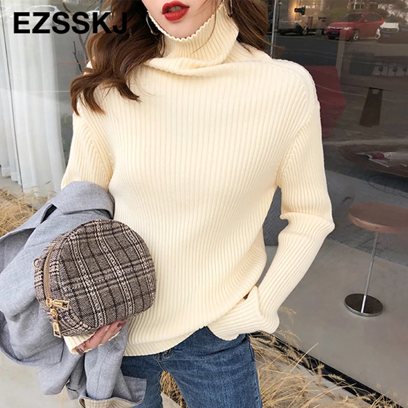 Повседневный базовый свободный свитер с воротником-стойкой на осень и зиму