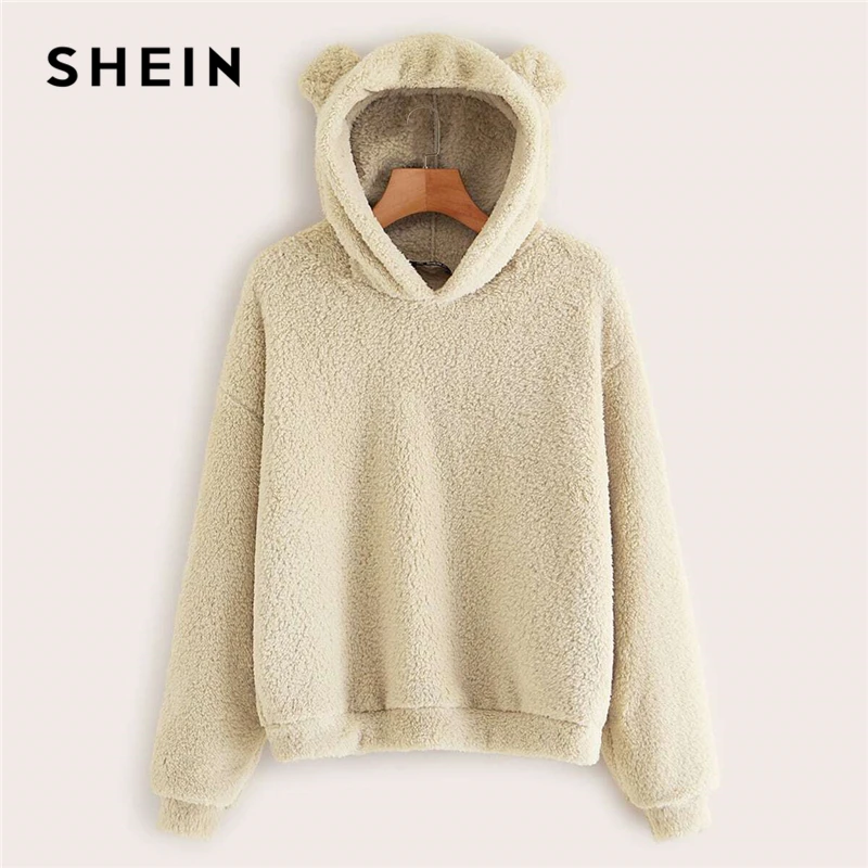SHEIN Однотонный Свитшот С Капюшоном Модная Толстовка Тедди С Длинным Рукавом