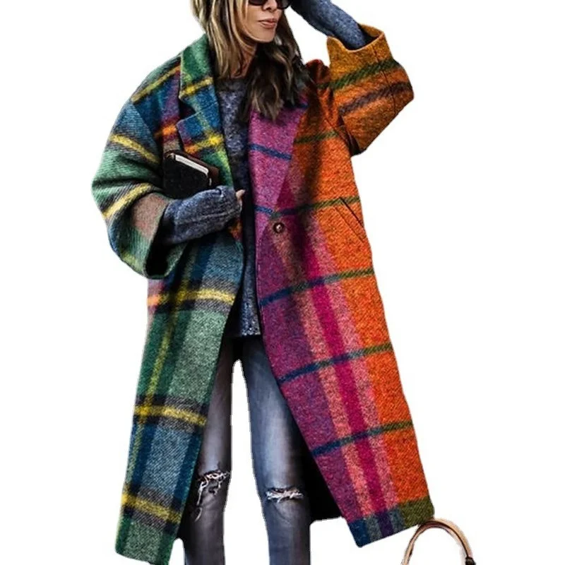 

Autumn New Womens Clothing Long Sleeves Turn-down Collar Womens Coats Print Womens Woolen Coats and Jackets Women