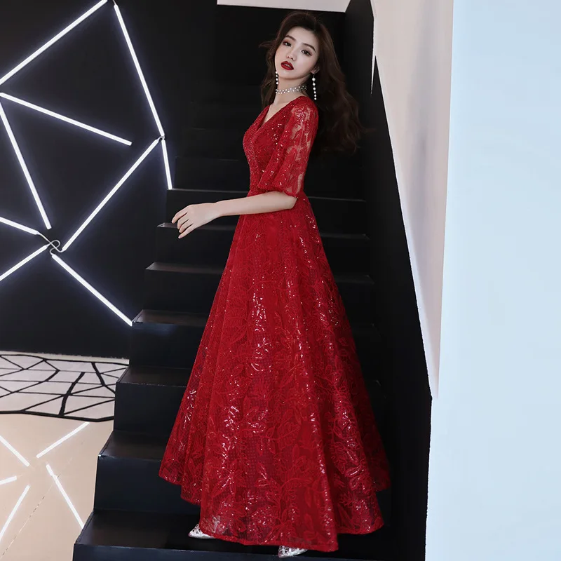 

Sweet Memory Wine Red Lace Half Sleeve Long Bridesmaid Dresses SW19158