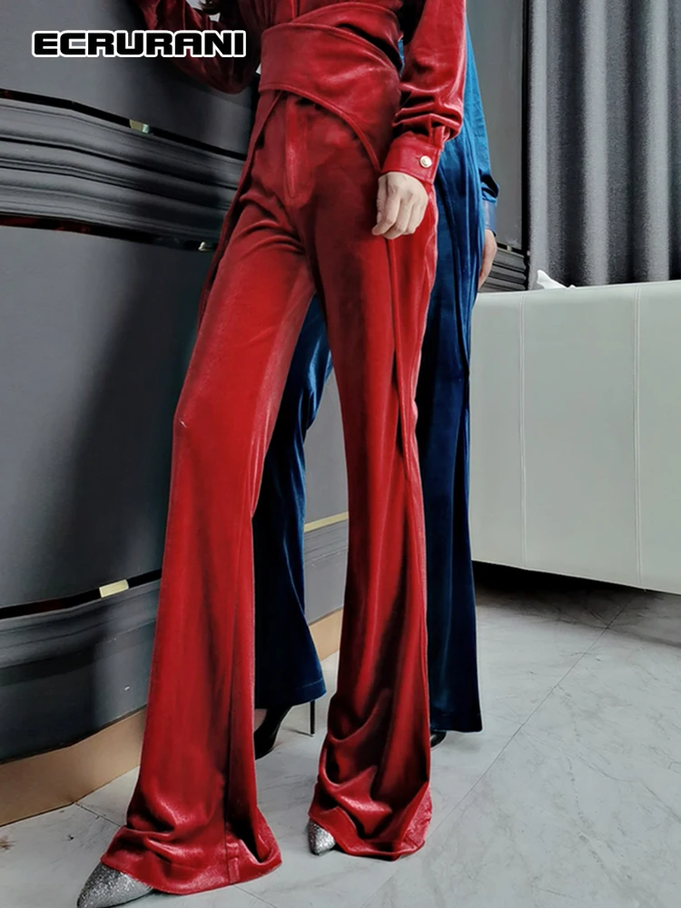 

ECRURANI Casual Full Length Minimalist Pant For Females High Wiast Elegant Slimming Red Trousers Women's 2021 Autumn New Clothes