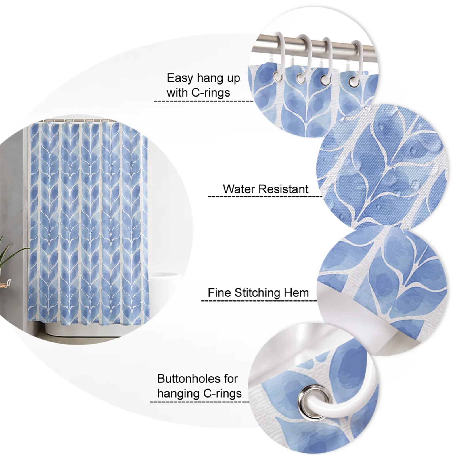 

Watercolor Blue Leaves Shower Curtain Polyester Fabric Waterproof Shower Curtains Modern Bathroom Curtain