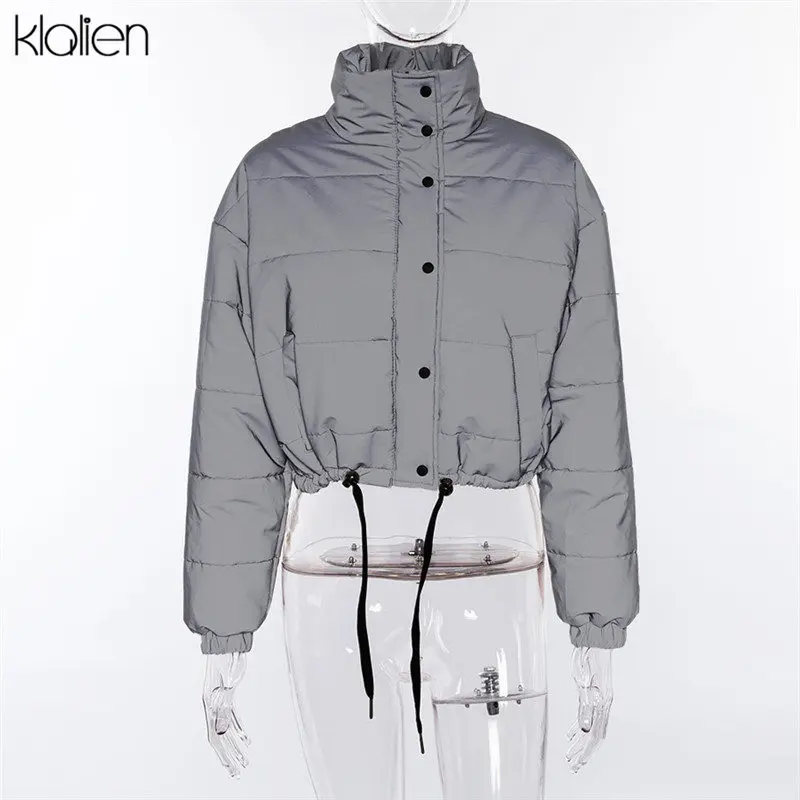 KLALIEN Зимние Модные Светоотражающие короткие Для женщин пальто куртки с высокой талией на молнии fly Карманы Женская Повседневная плотная теплая одежда