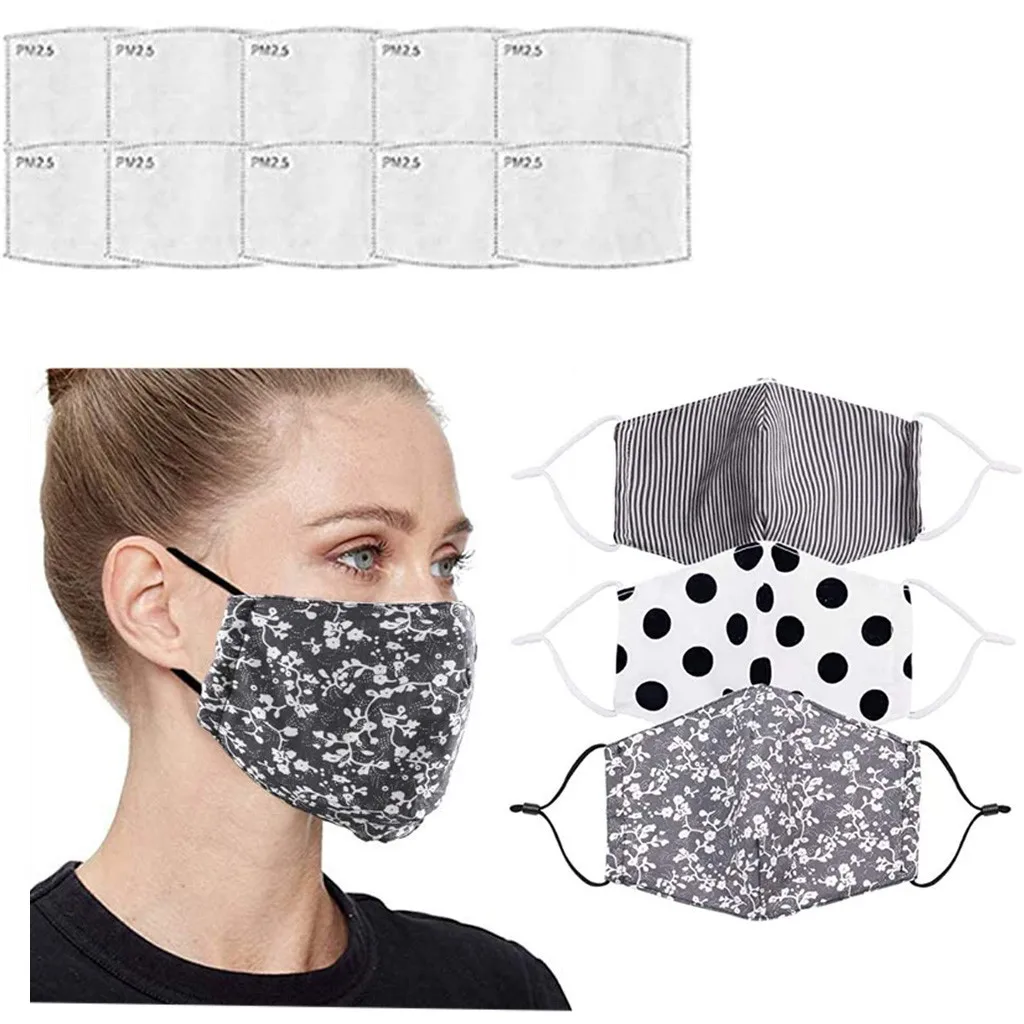 

3PCS Fashion Cloth Face Mask Reusable Adjustable for Adult Outdoor with 10PCS Filters Washable face shield Masque Face Mask