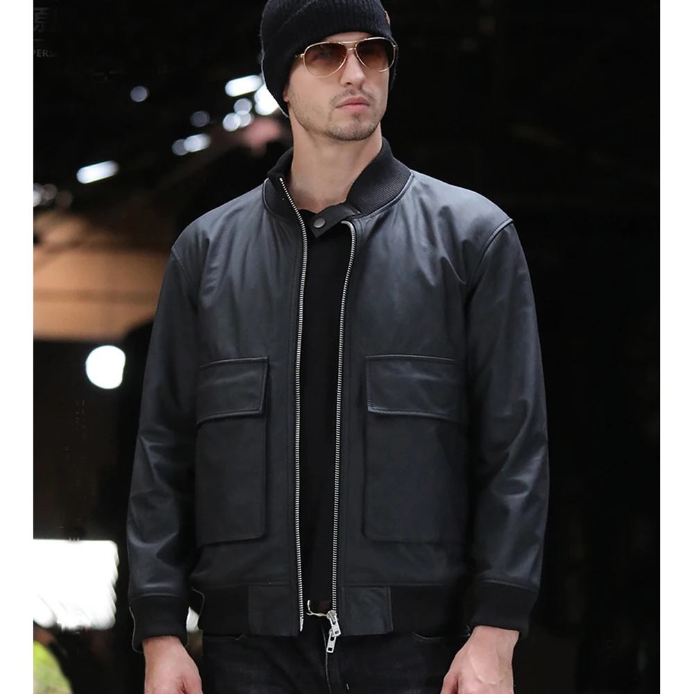 Мужская деловая кожаная куртка из 100% натуральной кожи повседневная черная