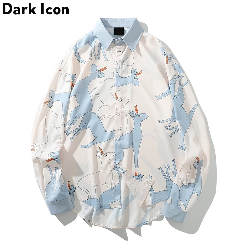 

Deer Print Dress Shirts Men Fashion Hip Hop Streetwear Casual Long Sleeve Button Down Shirt Tops Hipster Shirt