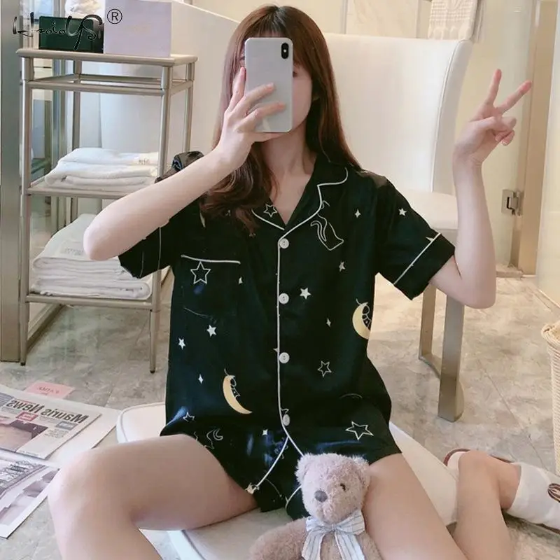 Пижама женская атласная с коротким рукавом пижама принтом звезд Луны цветов