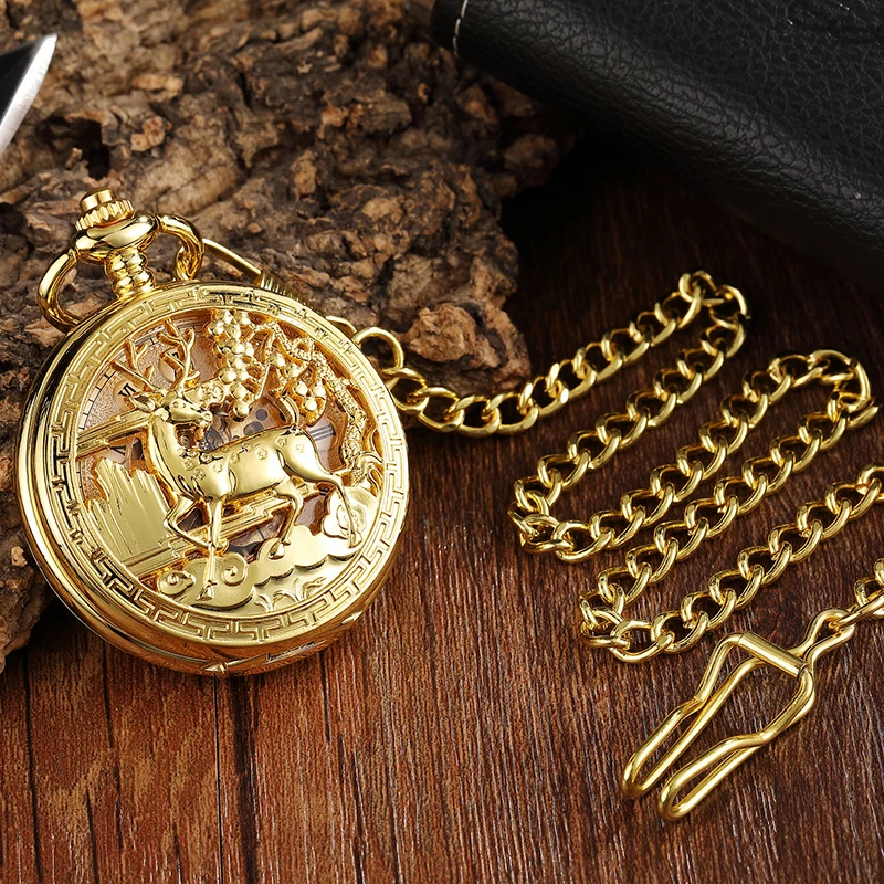 Deer Pattern Mechanical Pocket Watch Skeleton Vintage Antique Gold Golden 3D Animal Engraved Male Fob Chain Clock for Men Women