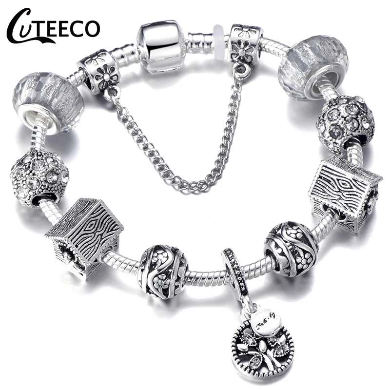 CUTEECO посеребренный Дерево жизни браслет с подвесками Новые Хрустальные Бусины Подходят брендовый браслет и браслет для женщин ювелирные изделия - Окраска металла: 9