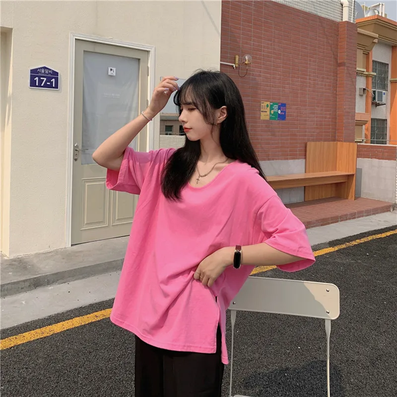 

2021 Summer Short-Sleeved Solid Split Pullovers Basewear Basic Chic Loose Hot Tops Casual Tee Retro Gentle T-shirts