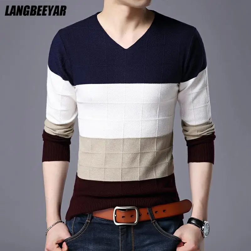 

Top Quality New Fashion Brand Knitted Pullover Striped Mens V Neck Sweater Korean Thick Autum Casual Jumper Clothes Men