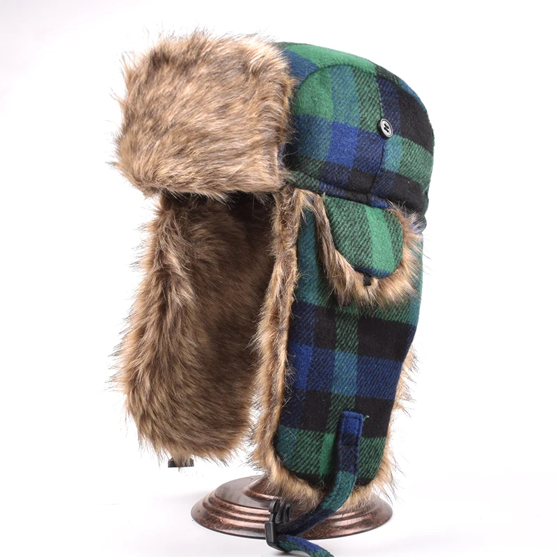 Classic Unisex Plaid Aviator Trapper Ushanka Ski Hat Trooper Winter Russian Cap With Earflaps | Bomber Hats