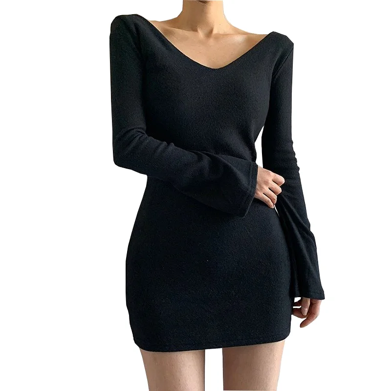 

Соблазнительное Черное мини-платье для женщин, осенние модные облегающие белые женские платья с длинным рукавом, V-образным вырезом и высок...