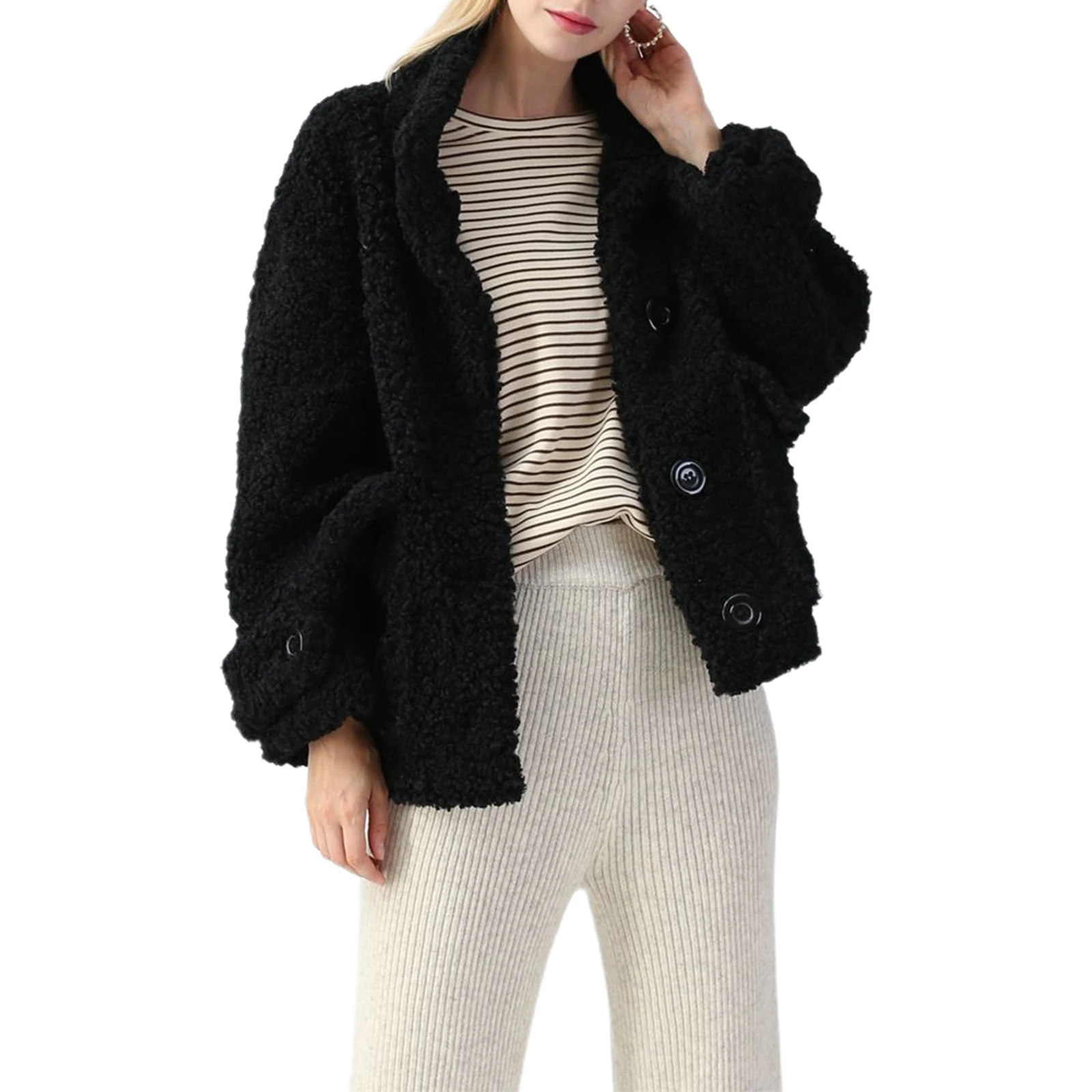 

Women Fur Coat Candy Color Woolen Clothing Long Sleeve Stand Collar Topcoat Loose Button Pocket Coat Autumn Winter Warm