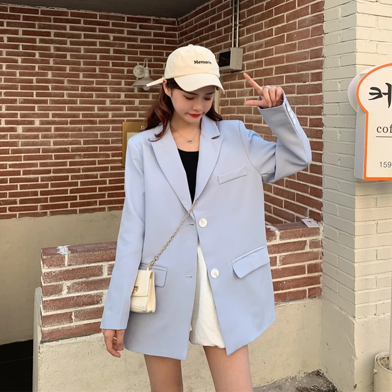 

FTLZZ Spring Autumn Women High Street Notched Single Breasted Blazer Office Lady Solid Color Long Sleeve Loose Buttons Suit Coat