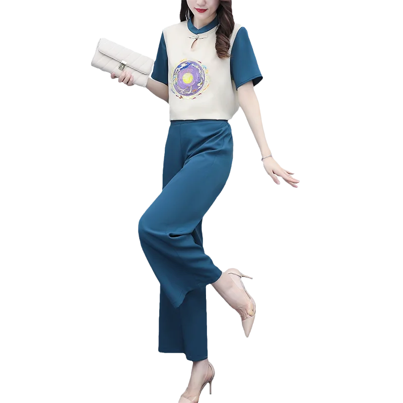 

Summer Fashion High Waist Wide Leg Pants 2 Piece Large Size Sleeved Comfortable Chiffon Vintage Print Pattern Womens Clothes