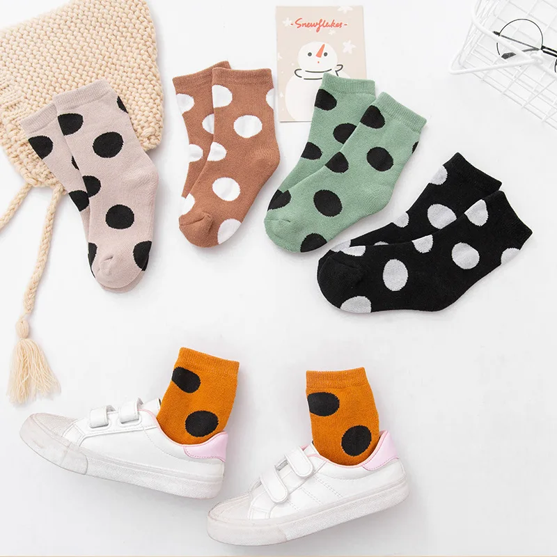 

5Pairs Long Socks Children's Gift for Boys Girls Sweat-Absorbing for Autumn Winter Keep Warm Round Dot Pattern