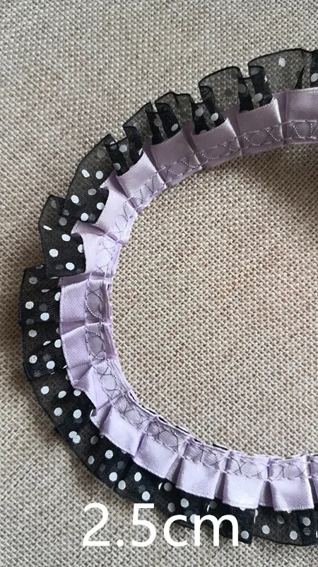 Распродажа оптовая продажа Фиолетовая лента с черной горошек оборками кружевная