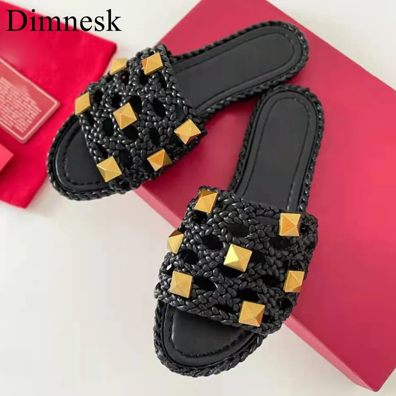 

Runway Hand Weave Flat Slippers Women Cutouts Gold Rivet Decor Rome Sandals Summer Outside Leisure Vacation Shoes For Ladies