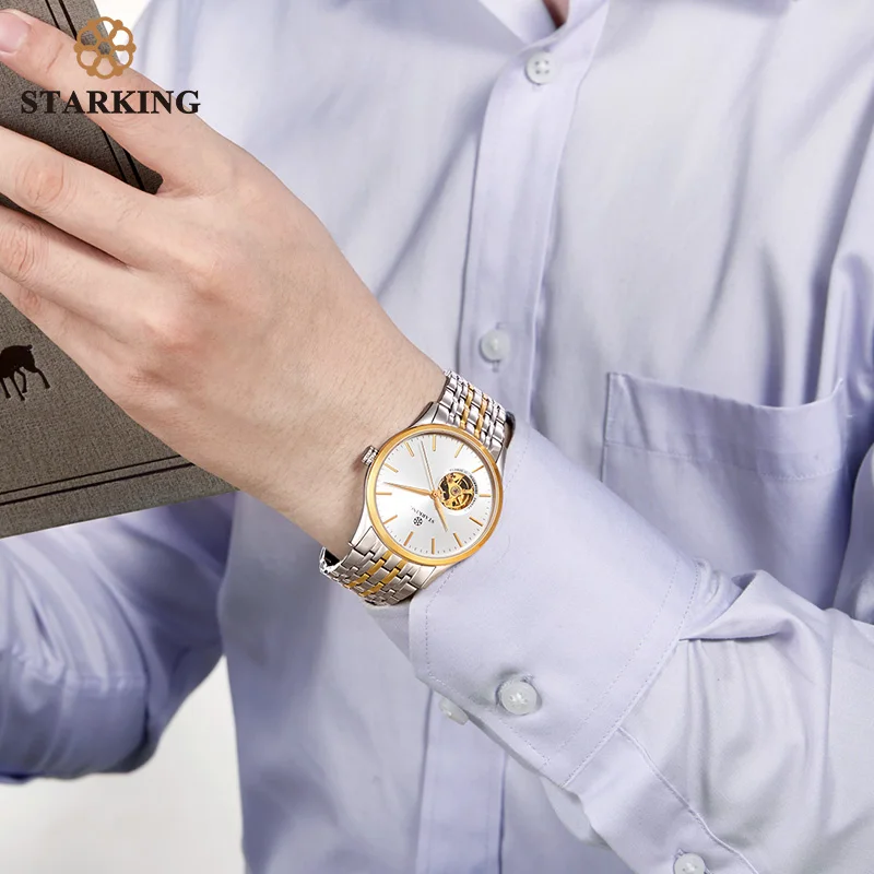 STARKING Mechanical Watch Men Automatic Self-wind Movt Skeleton Gold Stainless Steel Male Wristwatch Sapphire 5ATM | Наручные часы