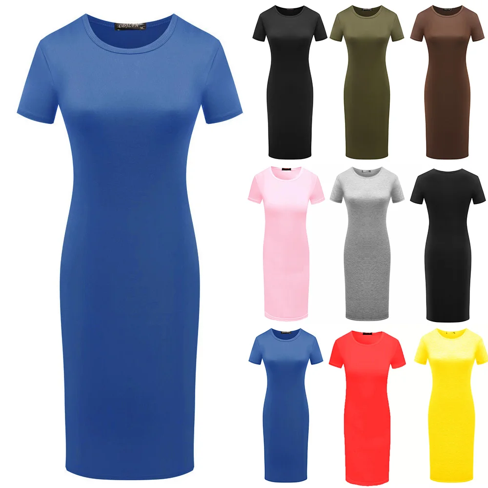 

VICABO/Женская Однотонная футболка с коротким рукавом платье-футляр, высота до середины голени, Открытое платье без рукавов однотонные Цвет бо...