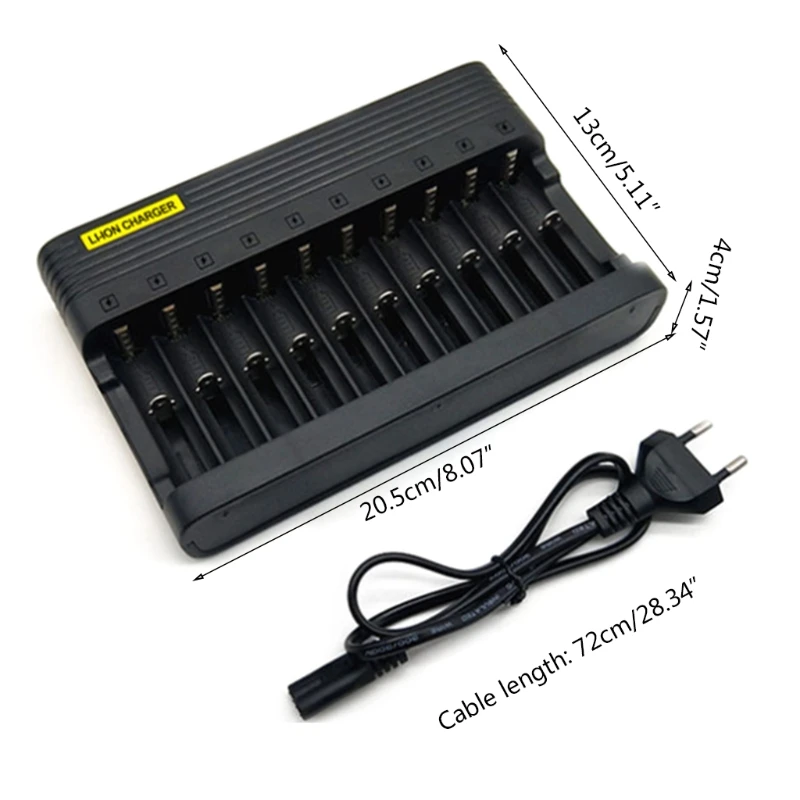 

Independent Slot US Plug Charger Compact 10-Slot Battery Charger 3.7/4.2V 14500 16340 18650 Li-ion Rechargeable Battery