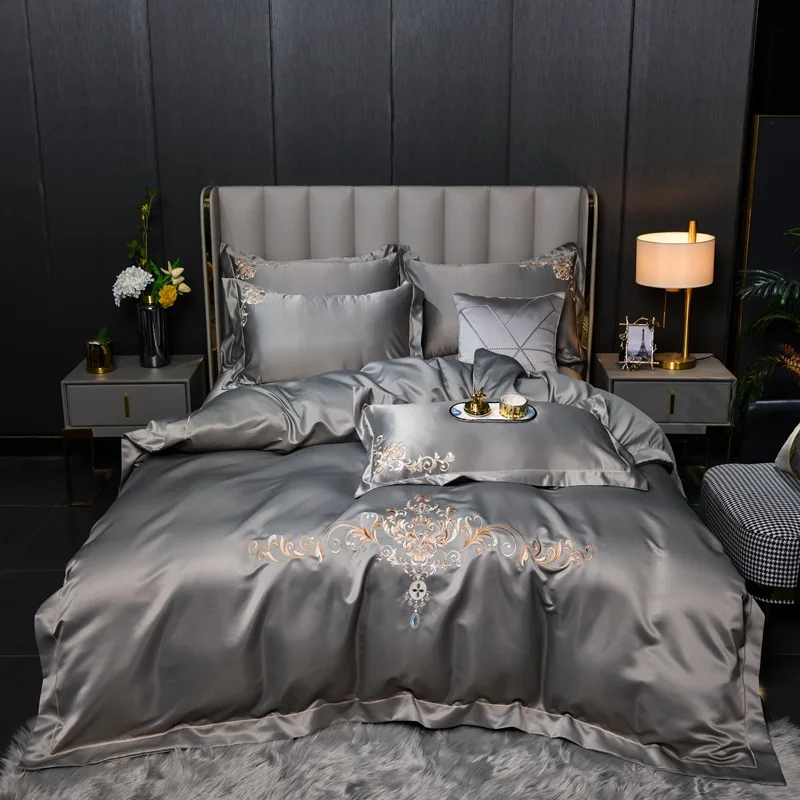 

Washed Satin Silk Four-Piece 120pcs Imitation Lenzing Tencel Embroidery Solid Color Bedding Summer