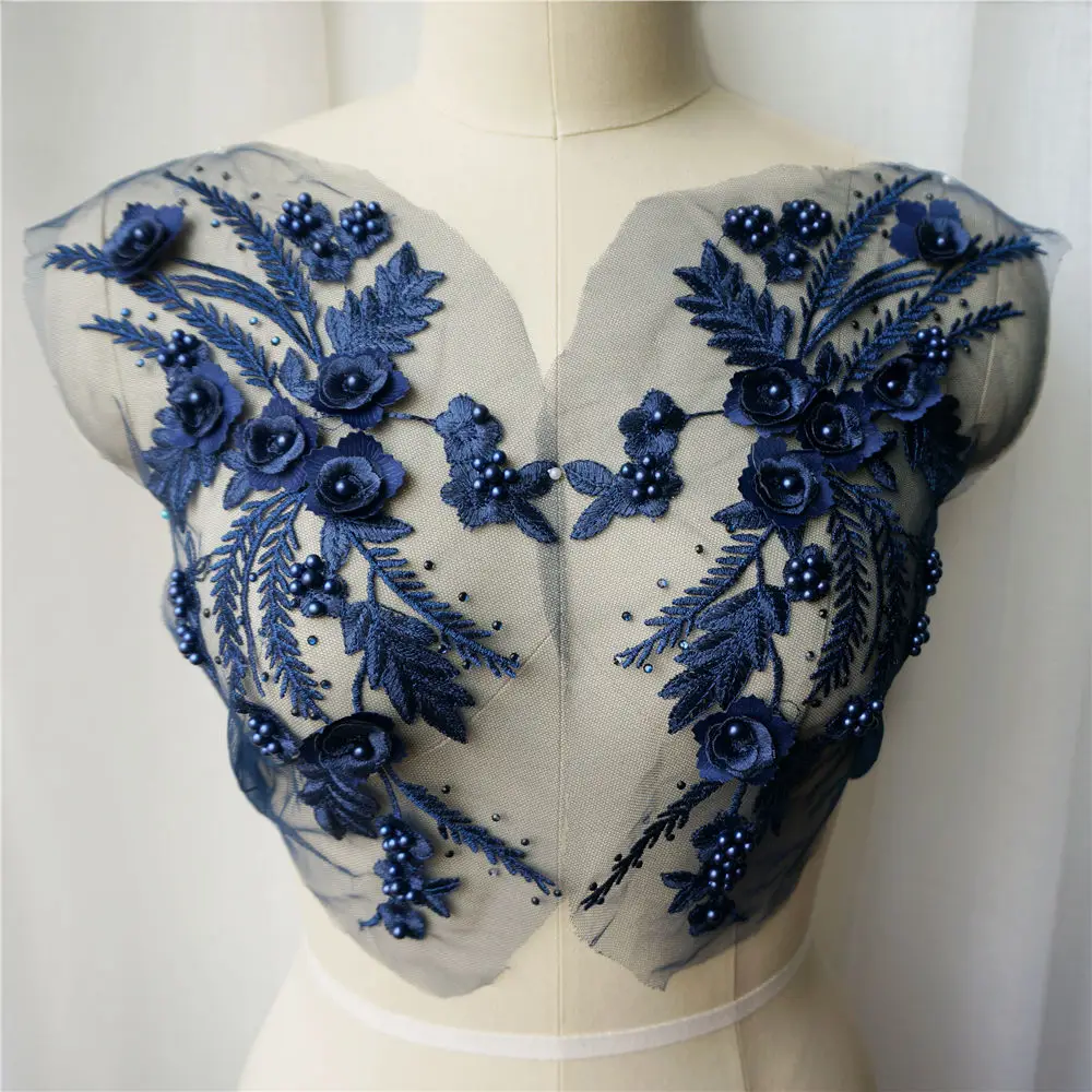 Navy blue 2 шт белый черный кружевной ткани 3D цветок кисточкой бусины стразы вышитые свадебное платье аппликация пришить патч для платья DIY декор - Цвет: Navy blue