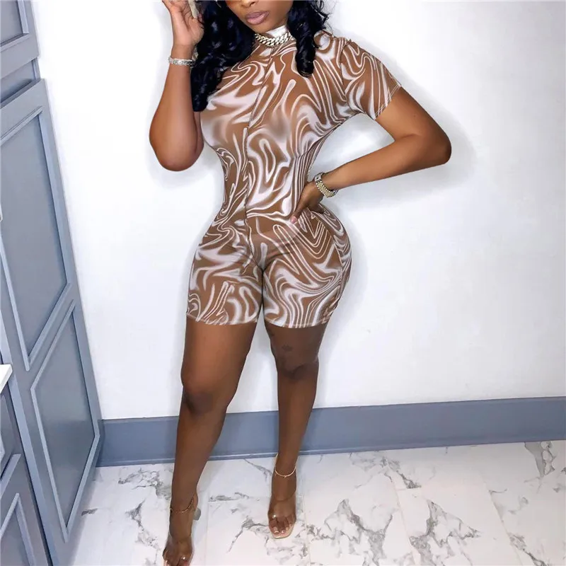 

hirigin 2021 Mesh Playsuits Sexy Irregular Wave Print Short Sleeve Short Rompers Fashion Party Clubwear Summer Female Jumpsuits