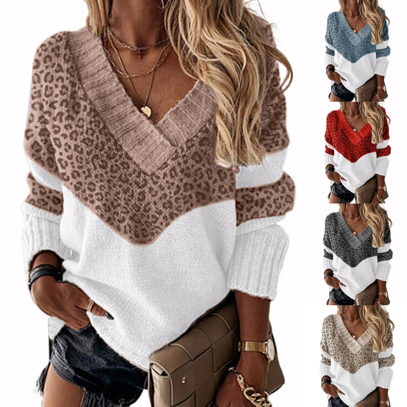

Women Casual V Neck Loose Knitted Sweater 2021 Spring Leopard Print Patchwork Pullovers Autumn Long Sleeve Streetwear Top Jumper